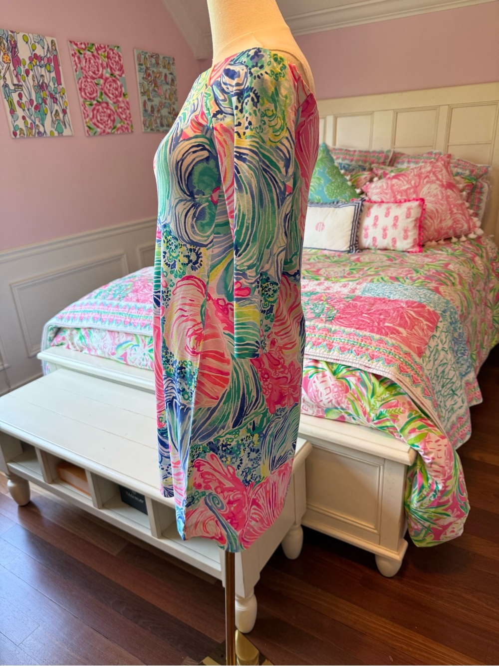 Lilly Pulitzer Off-Shoulder Floral Shift Dress in Pink, Green, Blue, Yellow - Picture 5 of 5